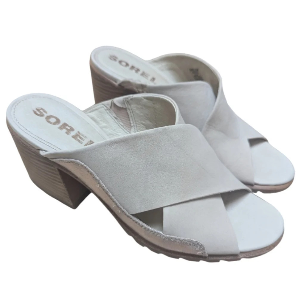 SOREL Nadia Heel Sandals Natural Tan Rose Gold Leather Mule Slides Size 9.5